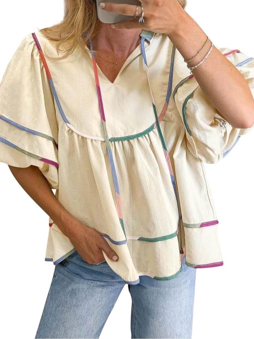 Cream V-Neck Puff-Sleeve Blouse with Multi-Color Trim